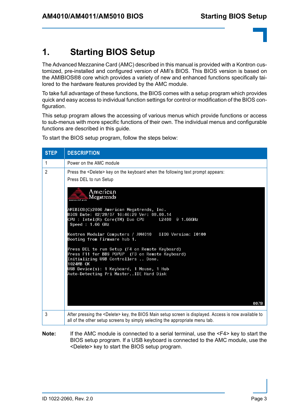 Starting bios setup | Kontron AM5010 BIOS User Manual | Page 13 / 120