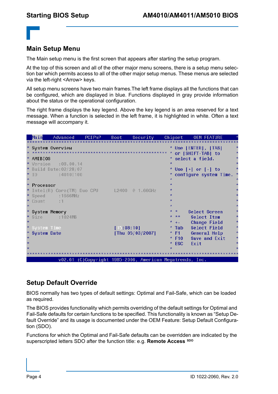 Main setup menu, Setup default override, Main setup menu setup default override | Kontron AM5010 BIOS User Manual | Page 14 / 120