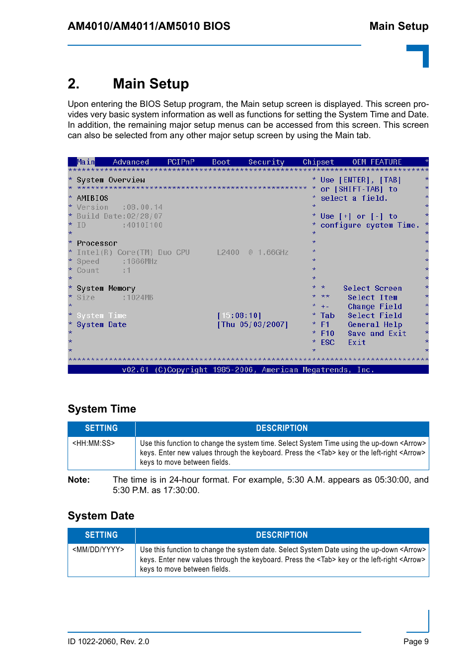 Main setup, System time, System date | System time system date | Kontron AM5010 BIOS User Manual | Page 19 / 120