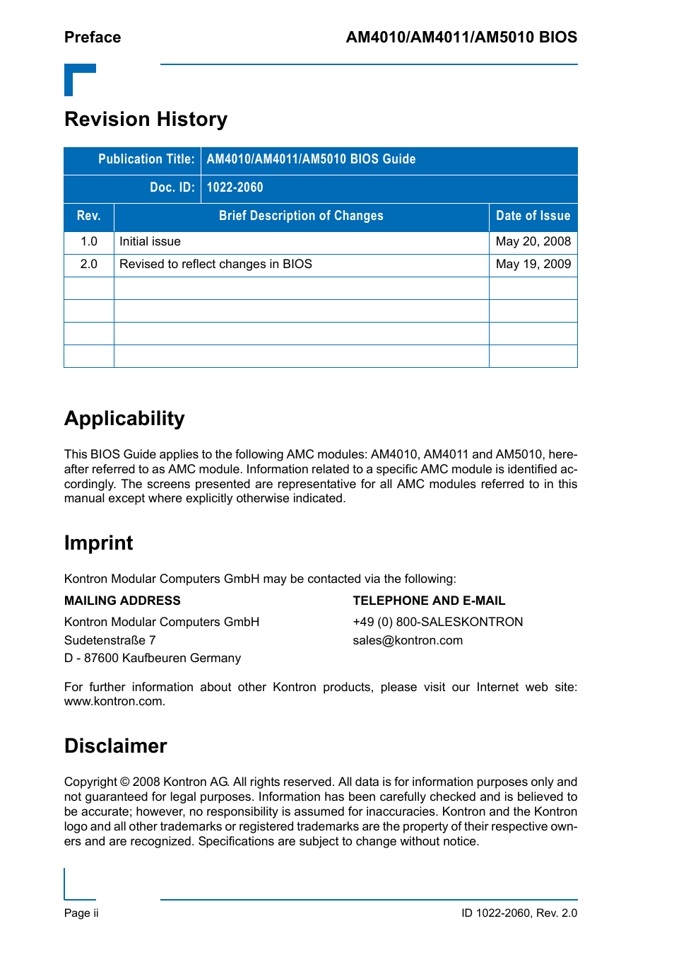 Revision history, Applicability, Imprint | Disclaimer, Revision history applicability | Kontron AM5010 BIOS User Manual | Page 2 / 120