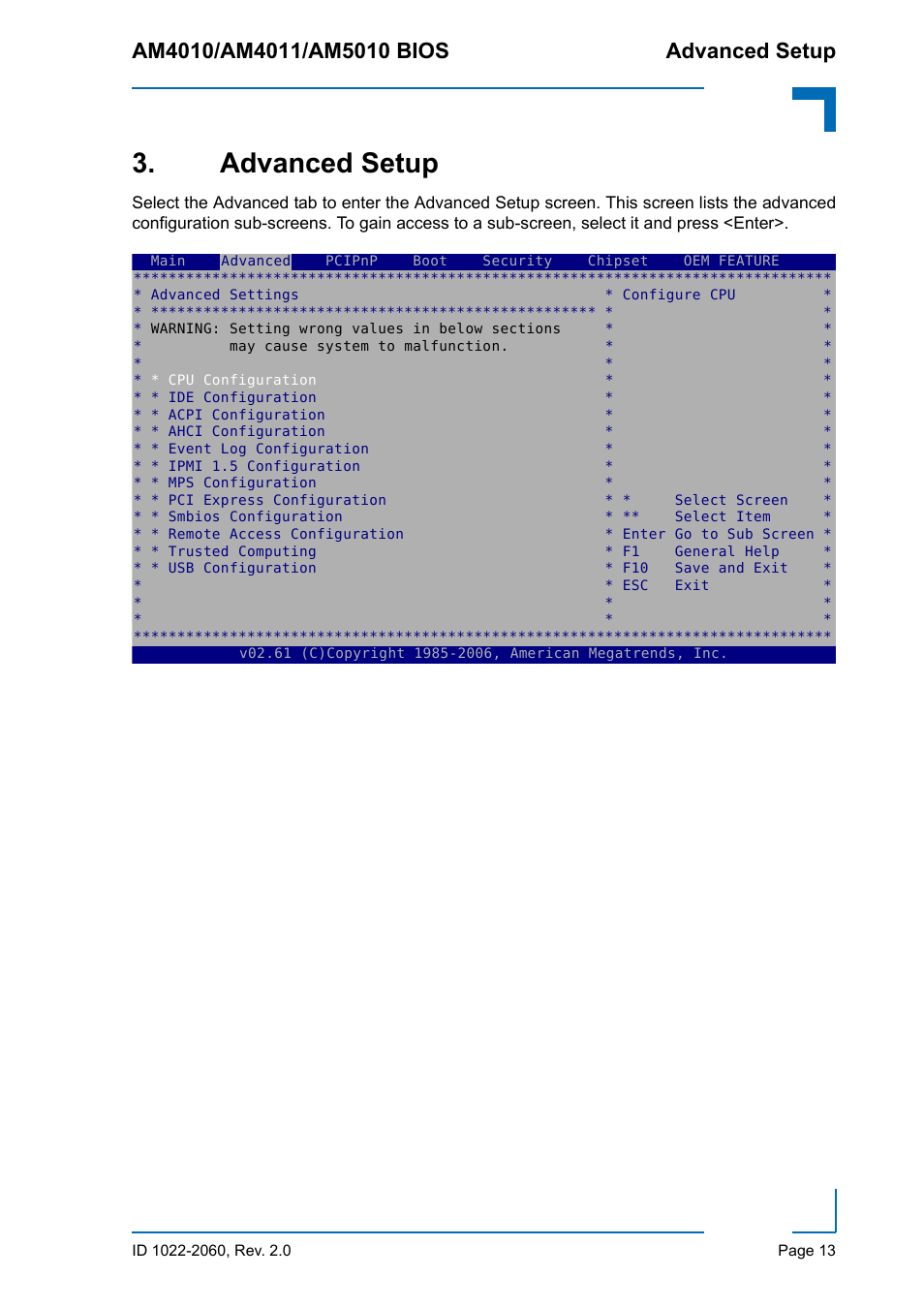 Advanced setup | Kontron AM5010 BIOS User Manual | Page 23 / 120