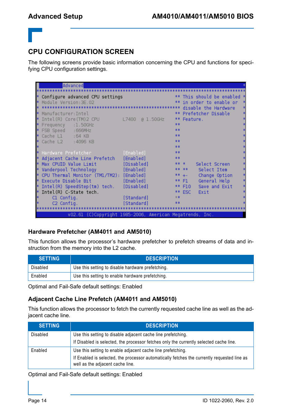 Cpu configuration screen, Hardware prefetcher (am4011 and am5010), Adjacent cache line prefetch (am4011 and am5010) | Kontron AM5010 BIOS User Manual | Page 24 / 120
