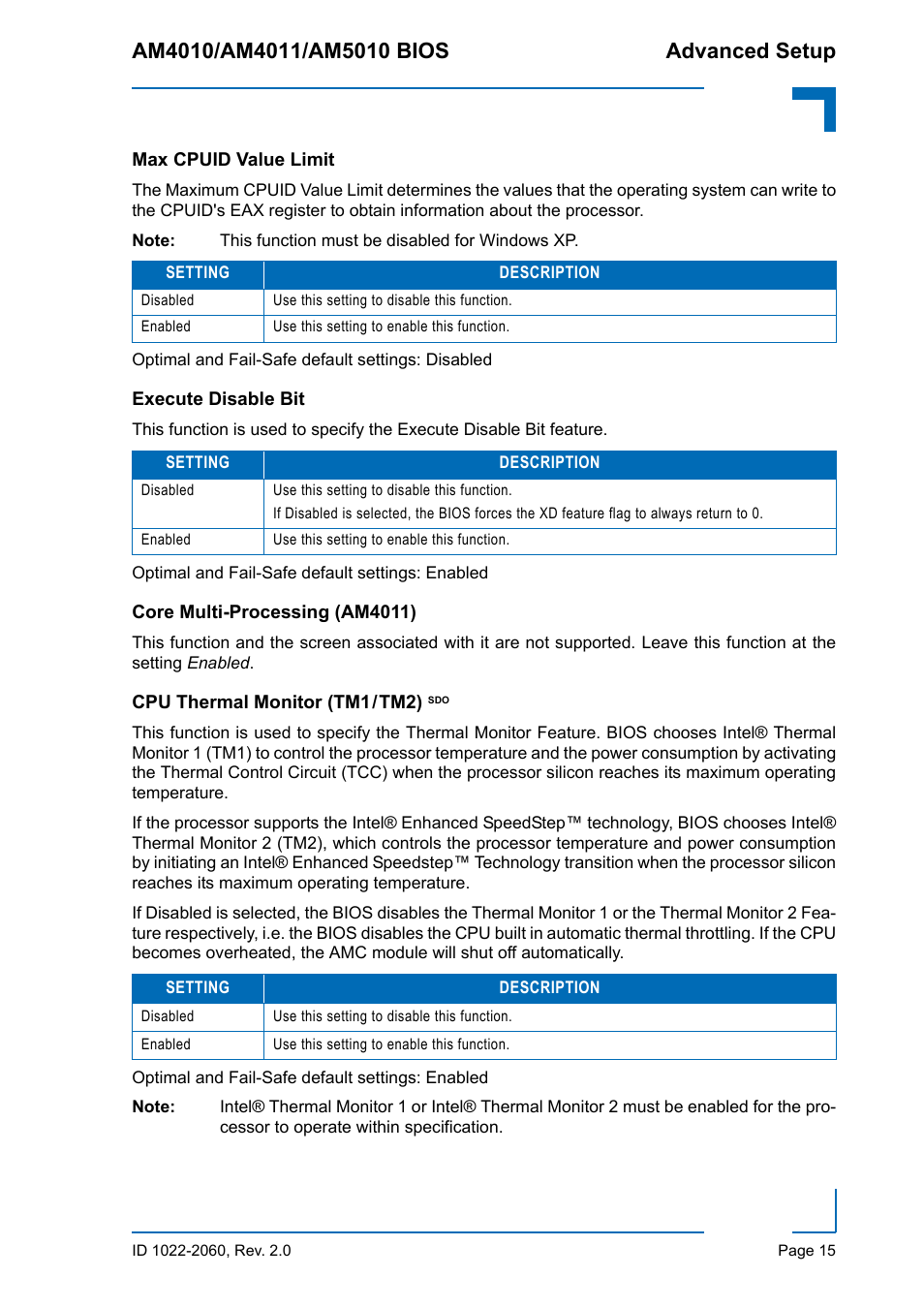 Max cpuid value limit, Execute disable bit, Core multi-processing (am4011) | Cpu thermal monitor (tm1 / tm2) sdo | Kontron AM5010 BIOS User Manual | Page 25 / 120