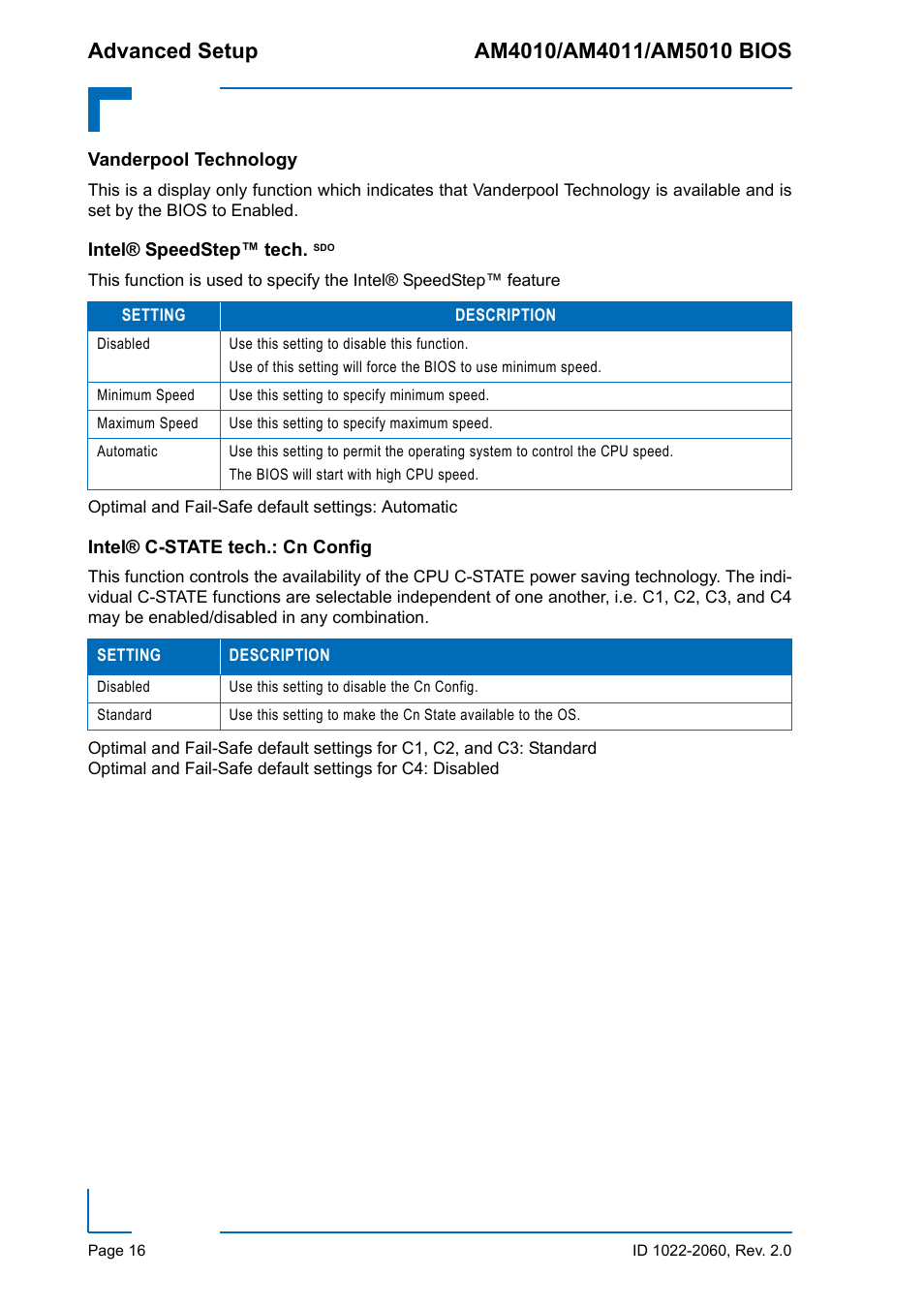 Vanderpool technology, Intel® speedstep™ tech. sdo, Intel® c-state tech.: cn config | Kontron AM5010 BIOS User Manual | Page 26 / 120