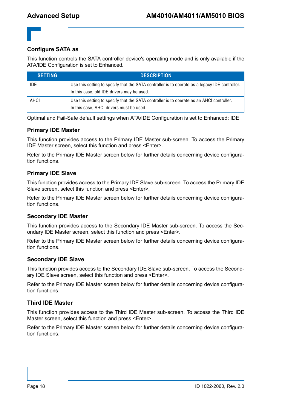 Configure sata as, Primary ide master, Primary ide slave | Secondary ide master, Secondary ide slave, Third ide master | Kontron AM5010 BIOS User Manual | Page 28 / 120