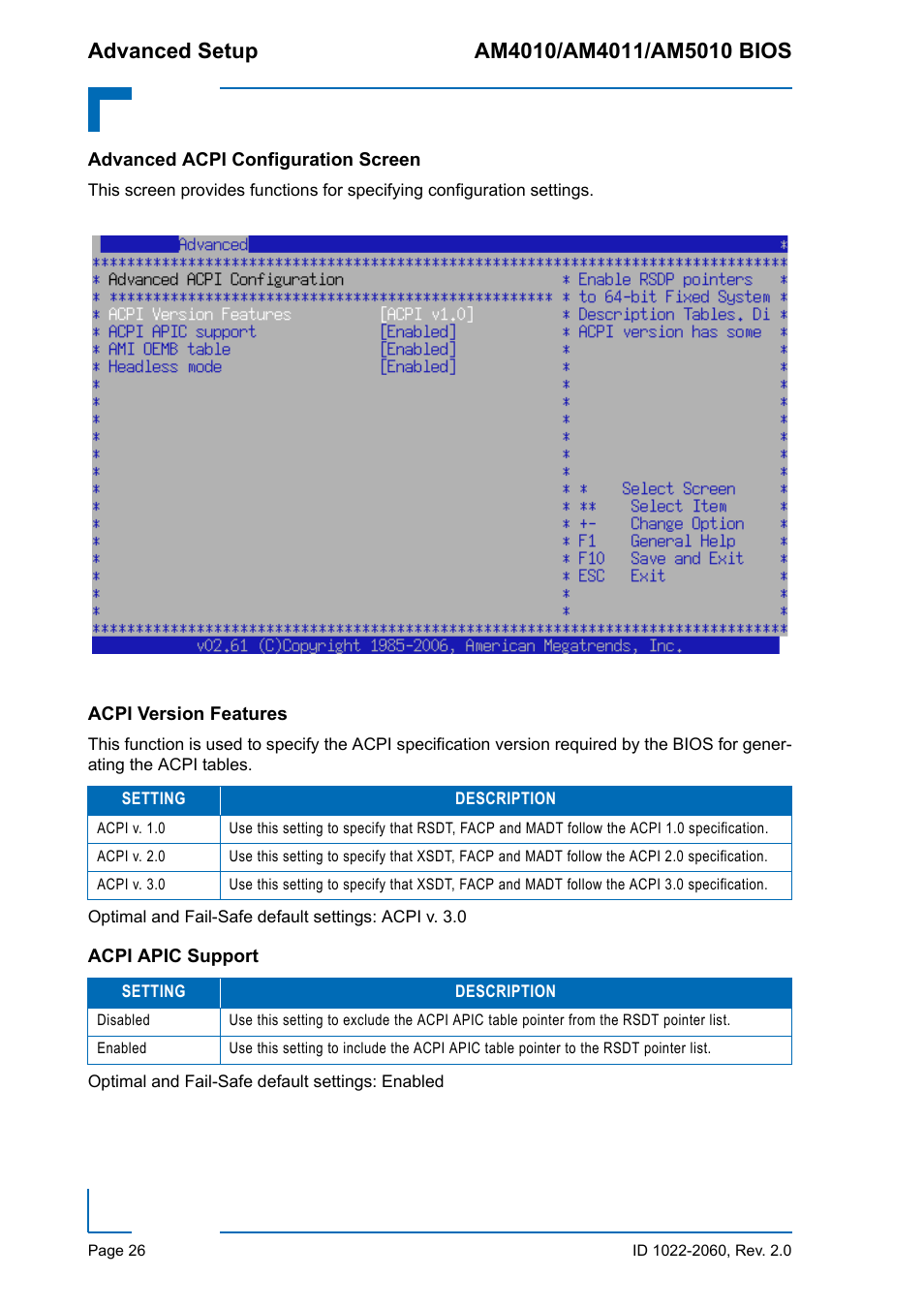 Advanced acpi configuration screen, Acpi version features, Acpi apic support | Acpi version features acpi apic support | Kontron AM5010 BIOS User Manual | Page 36 / 120