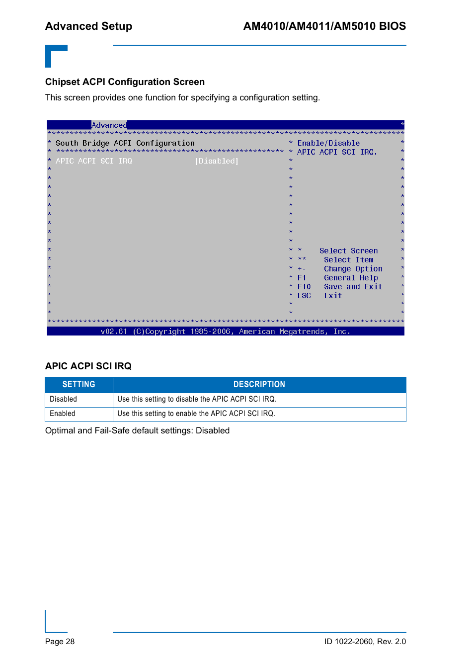 Chipset acpi configuration screen, Apic acpi sci irq | Kontron AM5010 BIOS User Manual | Page 38 / 120