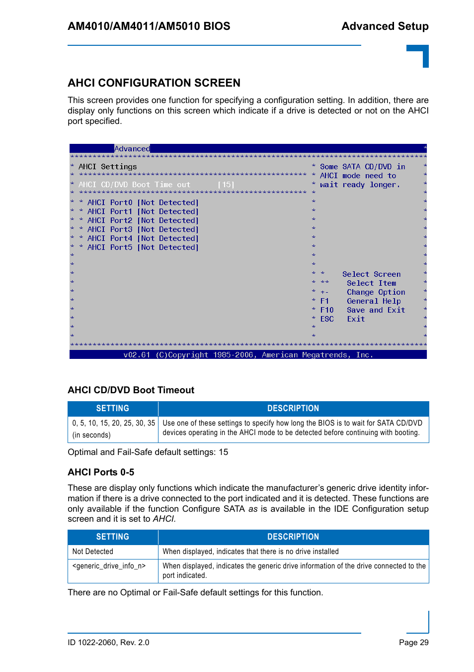 Ahci configuration screen, Ahci cd/dvd boot timeout, Ahci ports 0-5 | Ahci cd/dvd boot timeout ahci ports 0-5 | Kontron AM5010 BIOS User Manual | Page 39 / 120