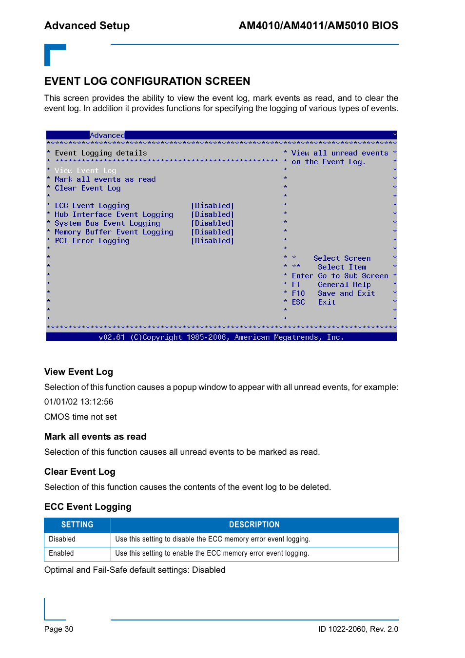 Event log configuration screen, View event log, Mark all events as read | Clear event log, Ecc event logging | Kontron AM5010 BIOS User Manual | Page 40 / 120