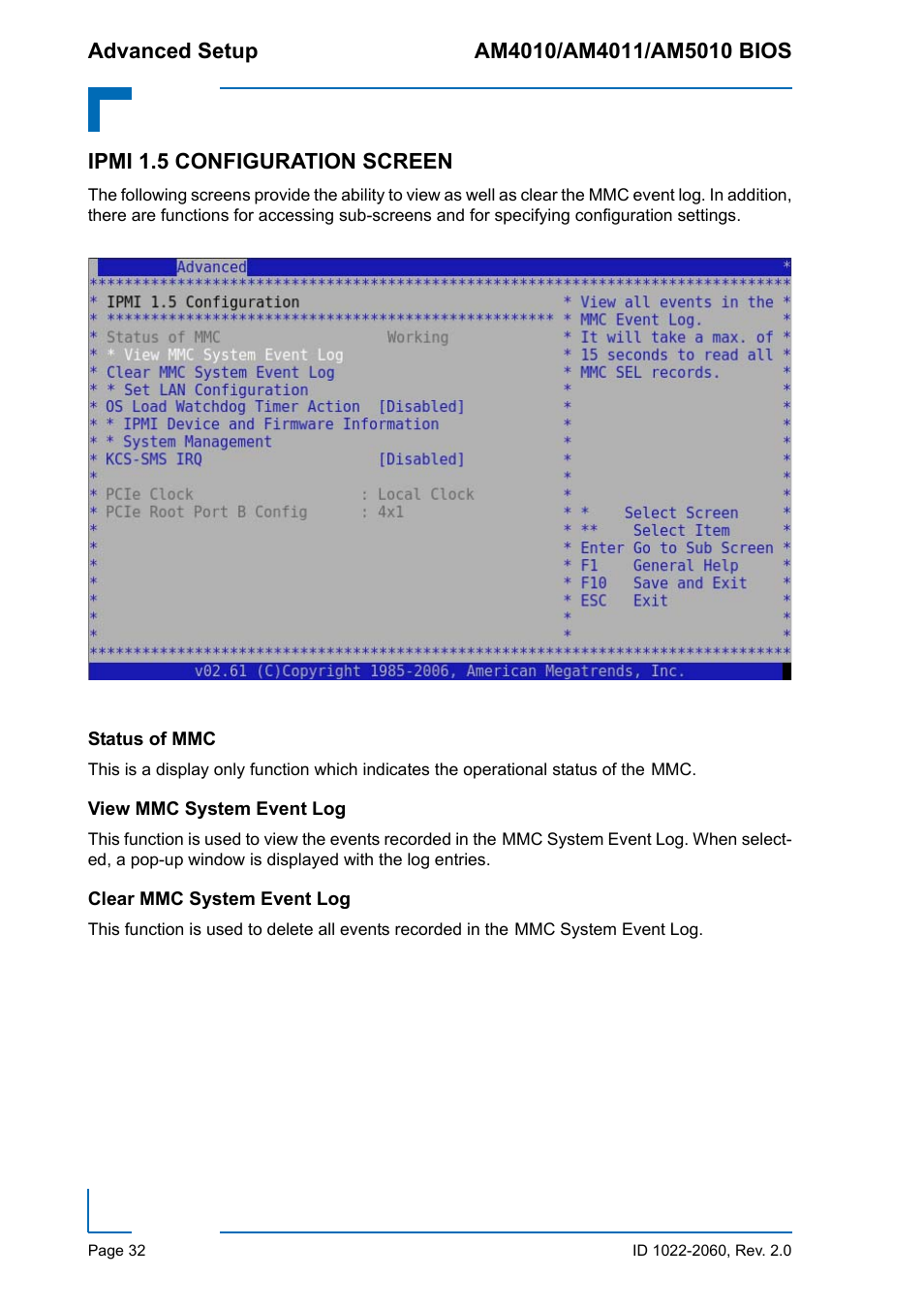 Ipmi 1.5 configuration screen, Status of mmc, View mmc system event log | Clear mmc system event log, Status of mmc view mmc system event log | Kontron AM5010 BIOS User Manual | Page 42 / 120