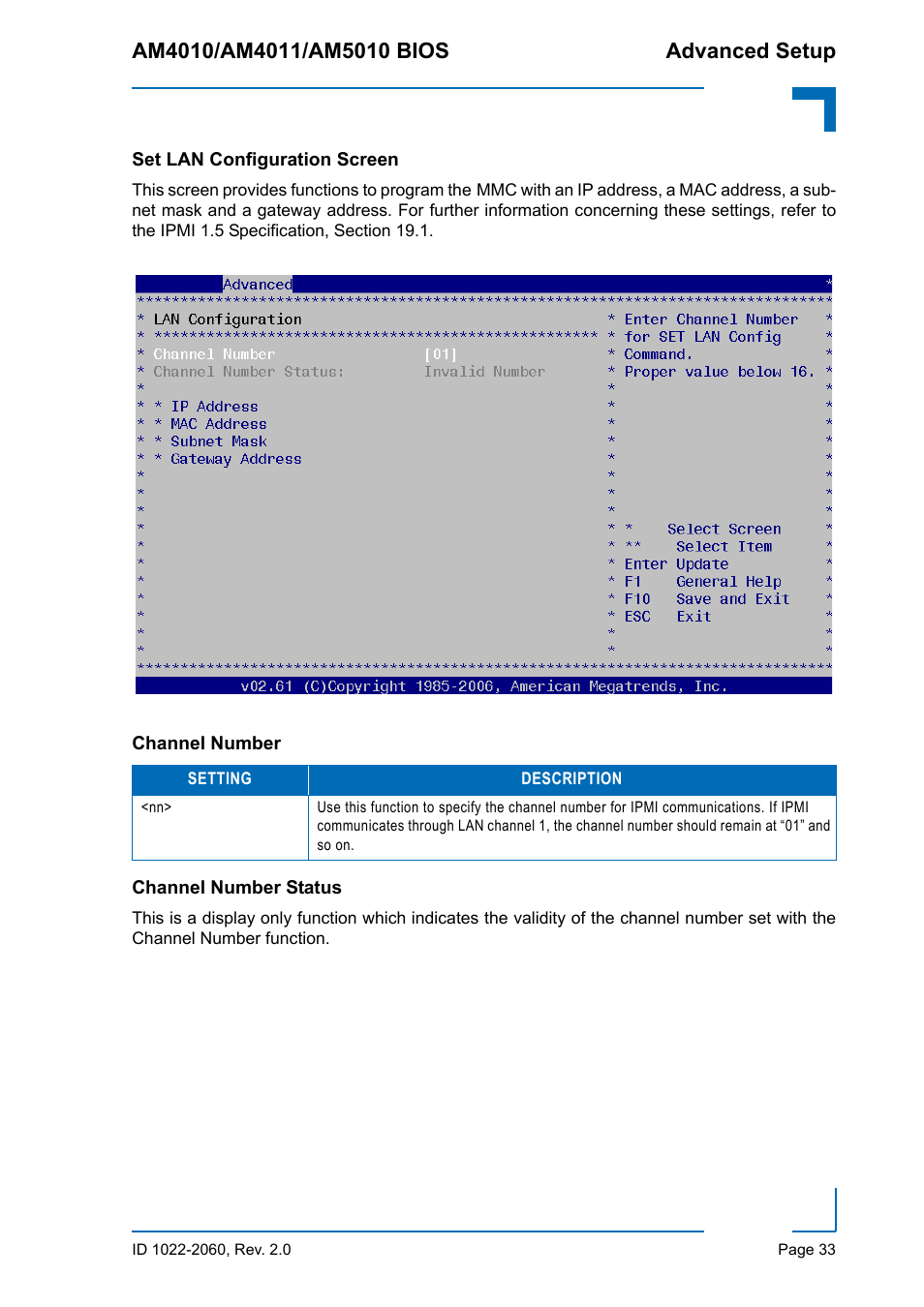 Set lan configuration screen, Channel number, Channel number status | Channel number channel number status | Kontron AM5010 BIOS User Manual | Page 43 / 120