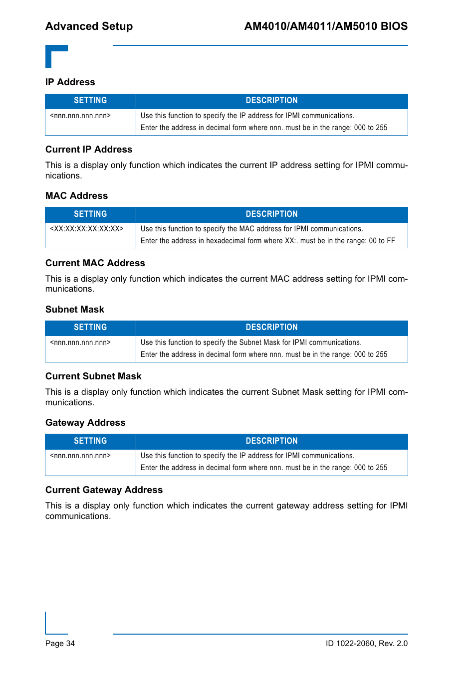 Ip address, Current ip address, Mac address | Current mac address, Subnet mask, Current subnet mask, Gateway address, Current gateway address | Kontron AM5010 BIOS User Manual | Page 44 / 120