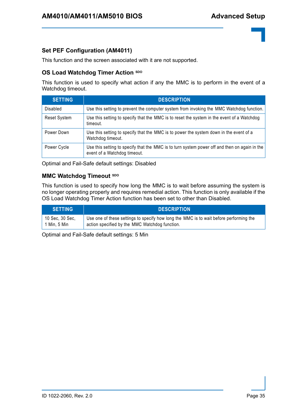 Set pef configuration (am4011), Os load watchdog timer action sdo, Mmc watchdog timeout sdo | Kontron AM5010 BIOS User Manual | Page 45 / 120