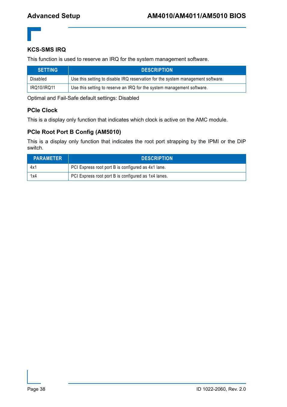 Kcs-sms irq, Pcie clock, Pcie root port b config (am5010) | Kontron AM5010 BIOS User Manual | Page 48 / 120