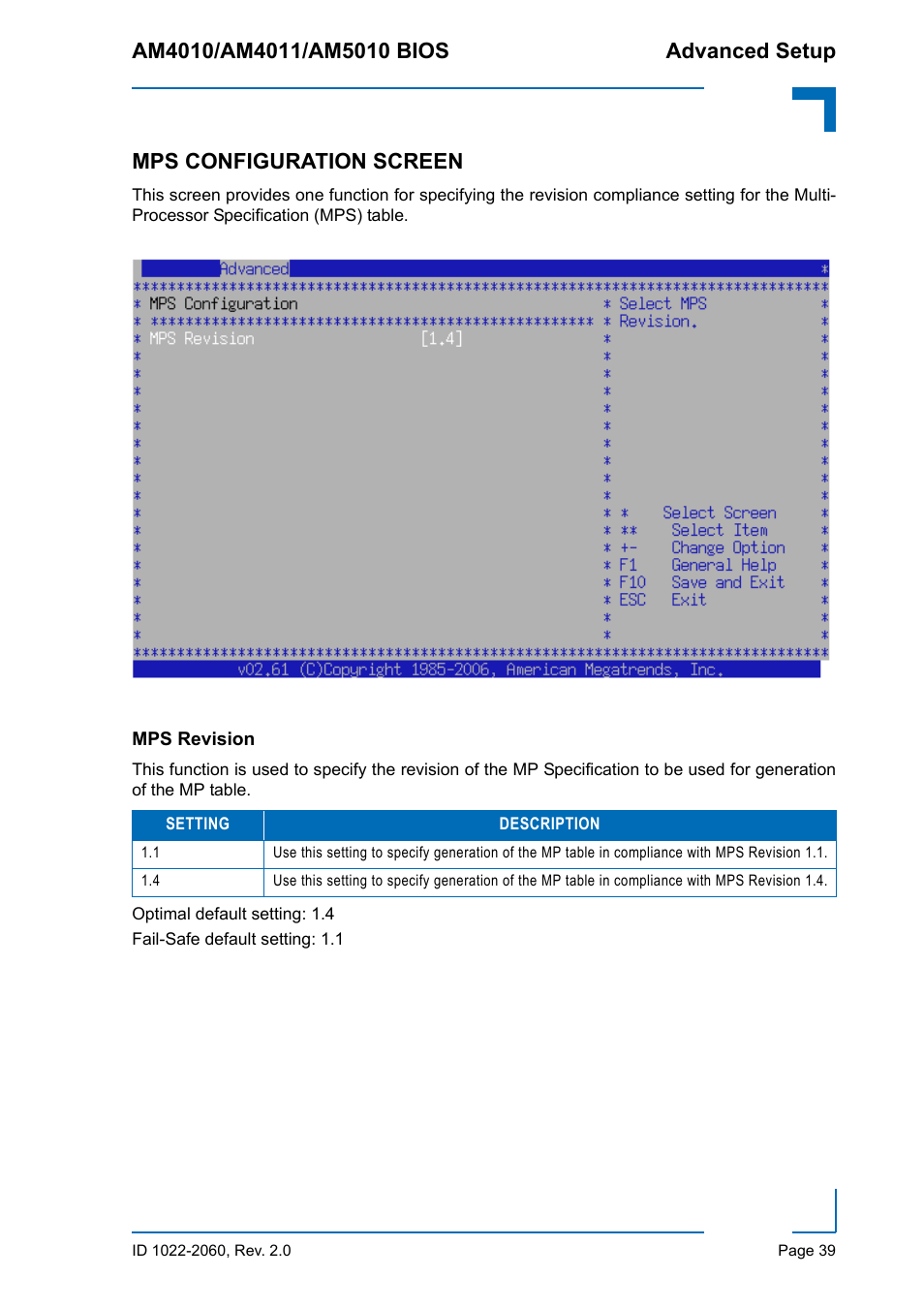 Mps configuration screen, Mps revision | Kontron AM5010 BIOS User Manual | Page 49 / 120