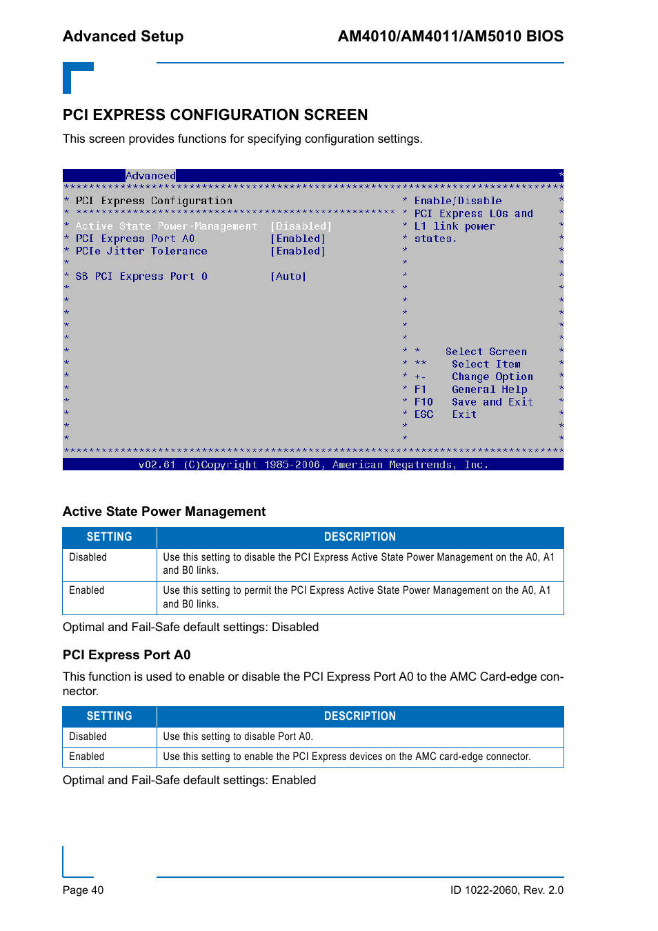 Pci express configuration screen, Active state power management, Pci express port a0 | Active state power management pci express port a0 | Kontron AM5010 BIOS User Manual | Page 50 / 120