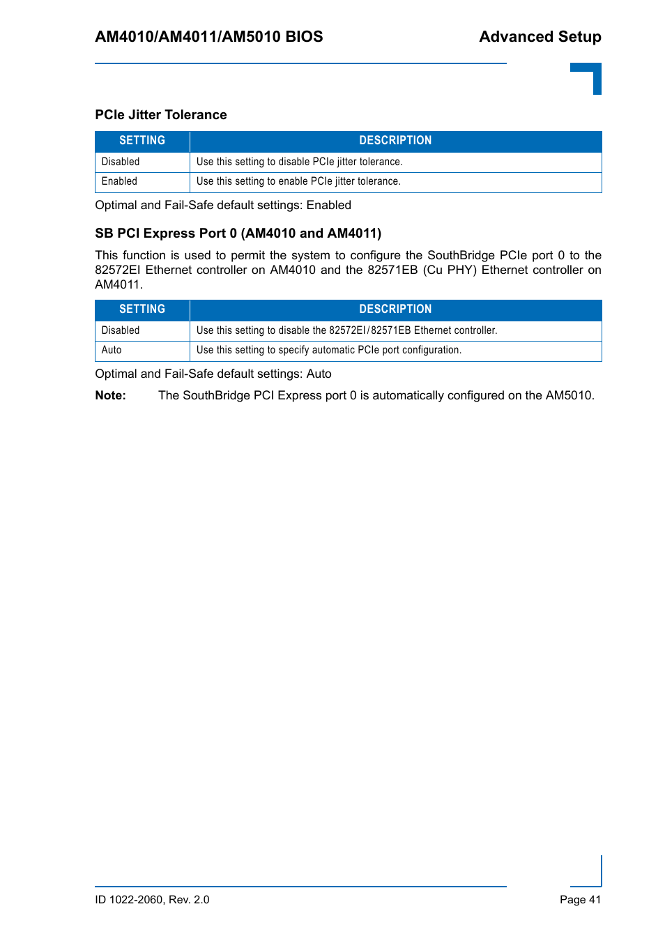 Pcie jitter tolerance, Sb pci express port 0 (am4010 and am4011) | Kontron AM5010 BIOS User Manual | Page 51 / 120