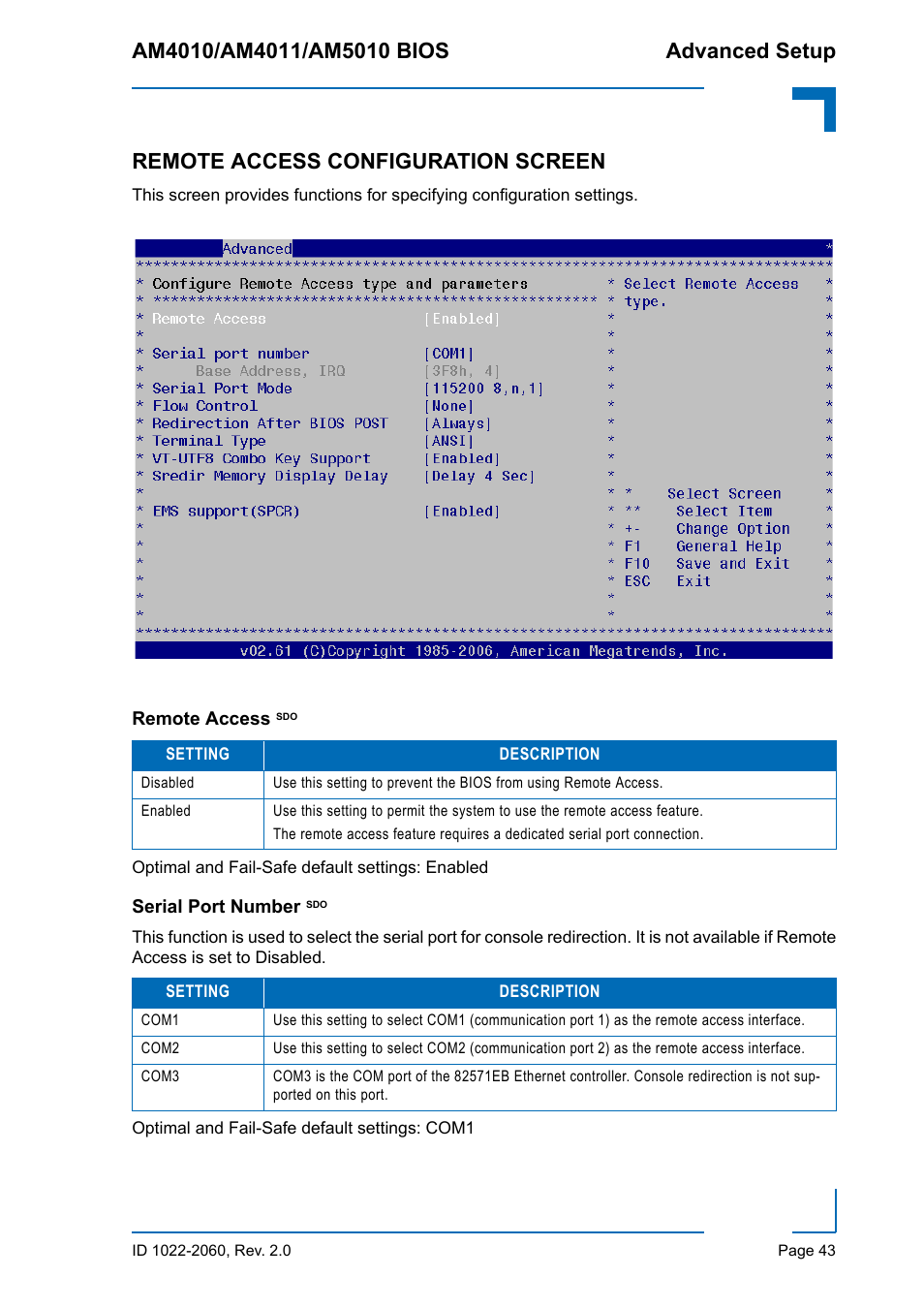 Remote access configuration screen, Remote access sdo, Serial port number sdo | Remote access sdo serial port number sdo | Kontron AM5010 BIOS User Manual | Page 53 / 120