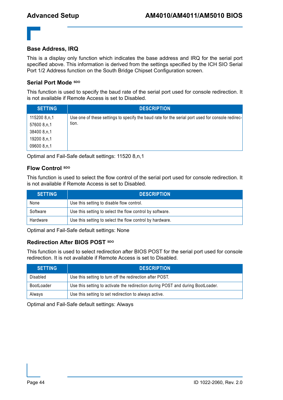 Base address, irq, Serial port mode sdo, Flow control sdo | Redirection after bios post sdo | Kontron AM5010 BIOS User Manual | Page 54 / 120