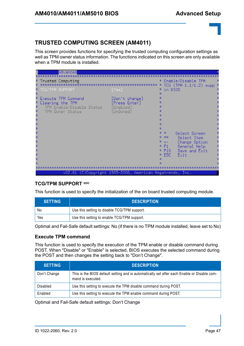 Trusted computing screen (am4011), Tcg/tpm support sdo, Execute tpm command | Tcg/tpm support sdo execute tpm command | Kontron AM5010 BIOS User Manual | Page 57 / 120