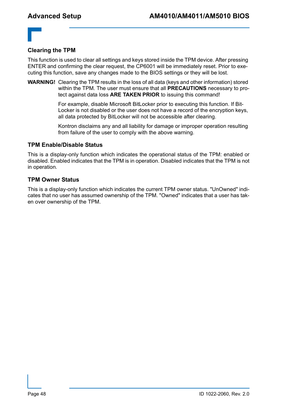 Clearing the tpm, Tpm enable/disable status, Tpm owner status | Kontron AM5010 BIOS User Manual | Page 58 / 120