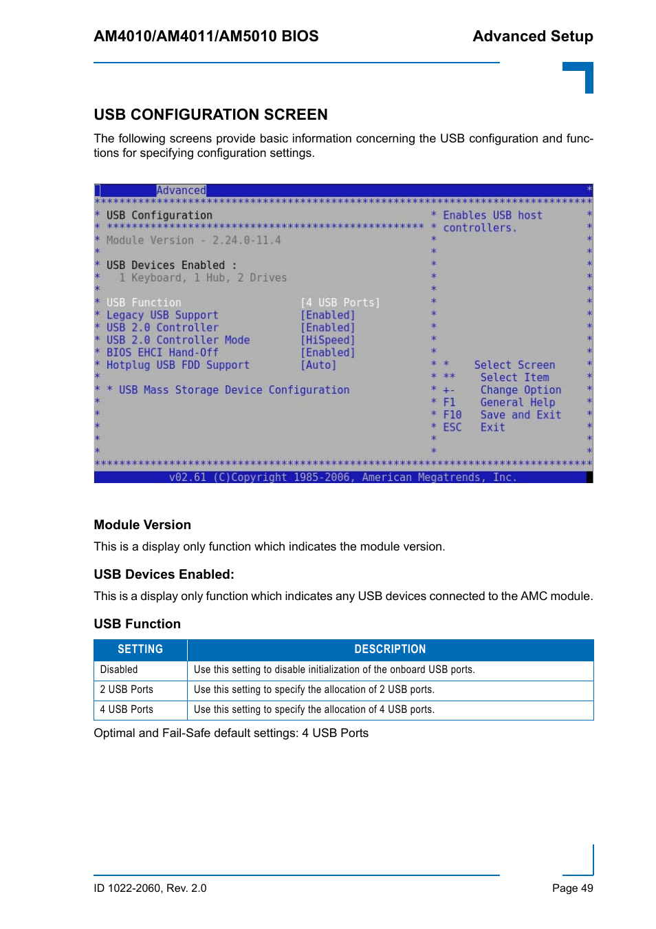 Usb configuration screen, Module version, Usb devices enabled | Usb function, Module version usb devices enabled: usb function | Kontron AM5010 BIOS User Manual | Page 59 / 120