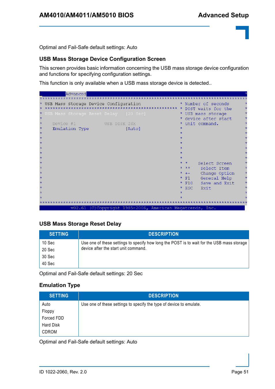 Usb mass storage device configuration screen, Usb mass storage reset delay, Emulation type | Usb mass storage reset delay emulation type | Kontron AM5010 BIOS User Manual | Page 61 / 120