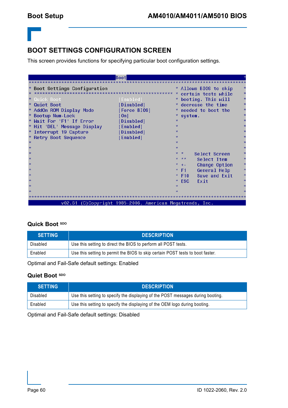 Boot settings configuration screen, Quick boot sdo, Quiet boot sdo | Quick boot sdo quiet boot sdo | Kontron AM5010 BIOS User Manual | Page 70 / 120