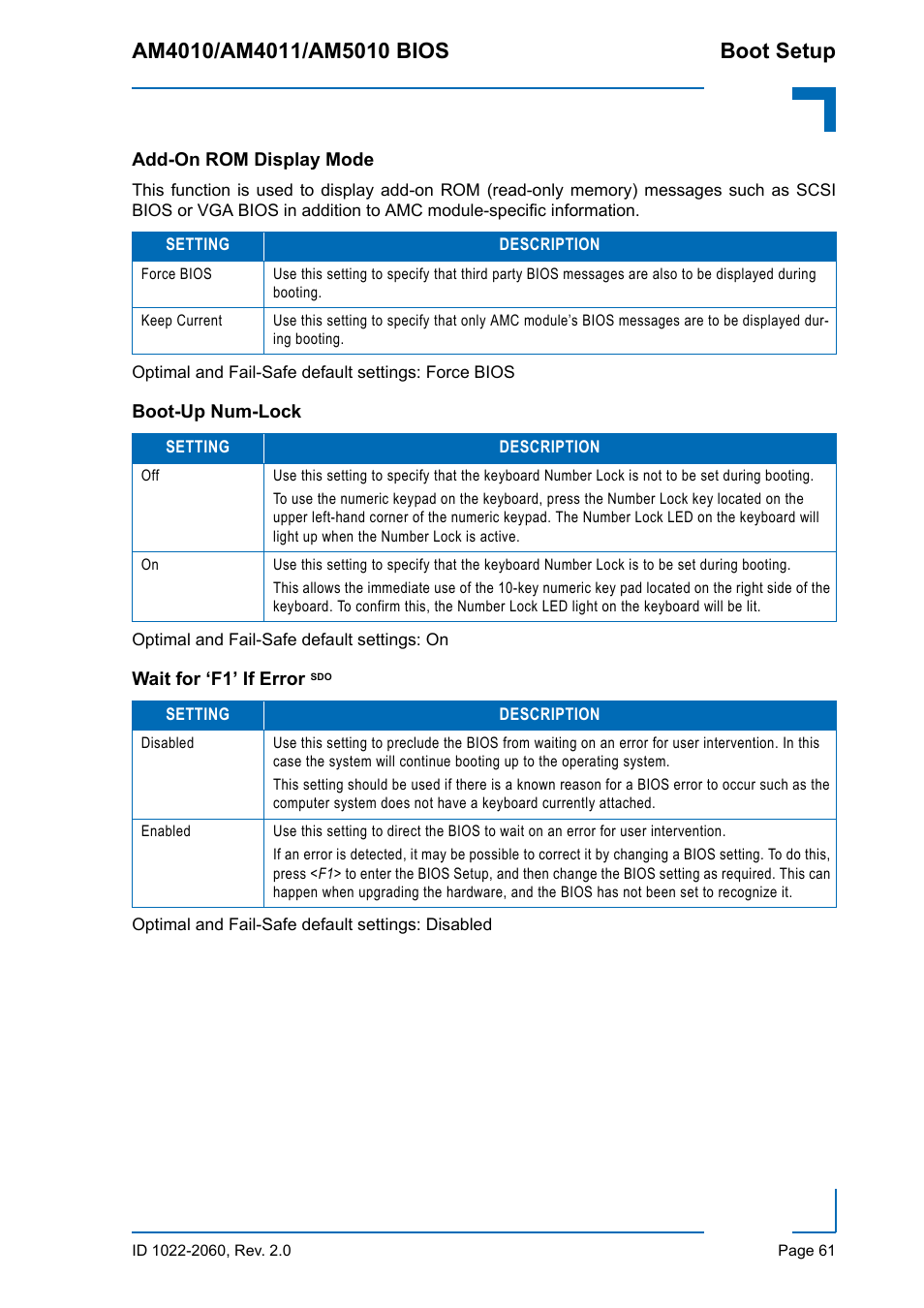 Add-on rom display mode, Boot-up num-lock, Wait for ‘f1’ if error sdo | Kontron AM5010 BIOS User Manual | Page 71 / 120