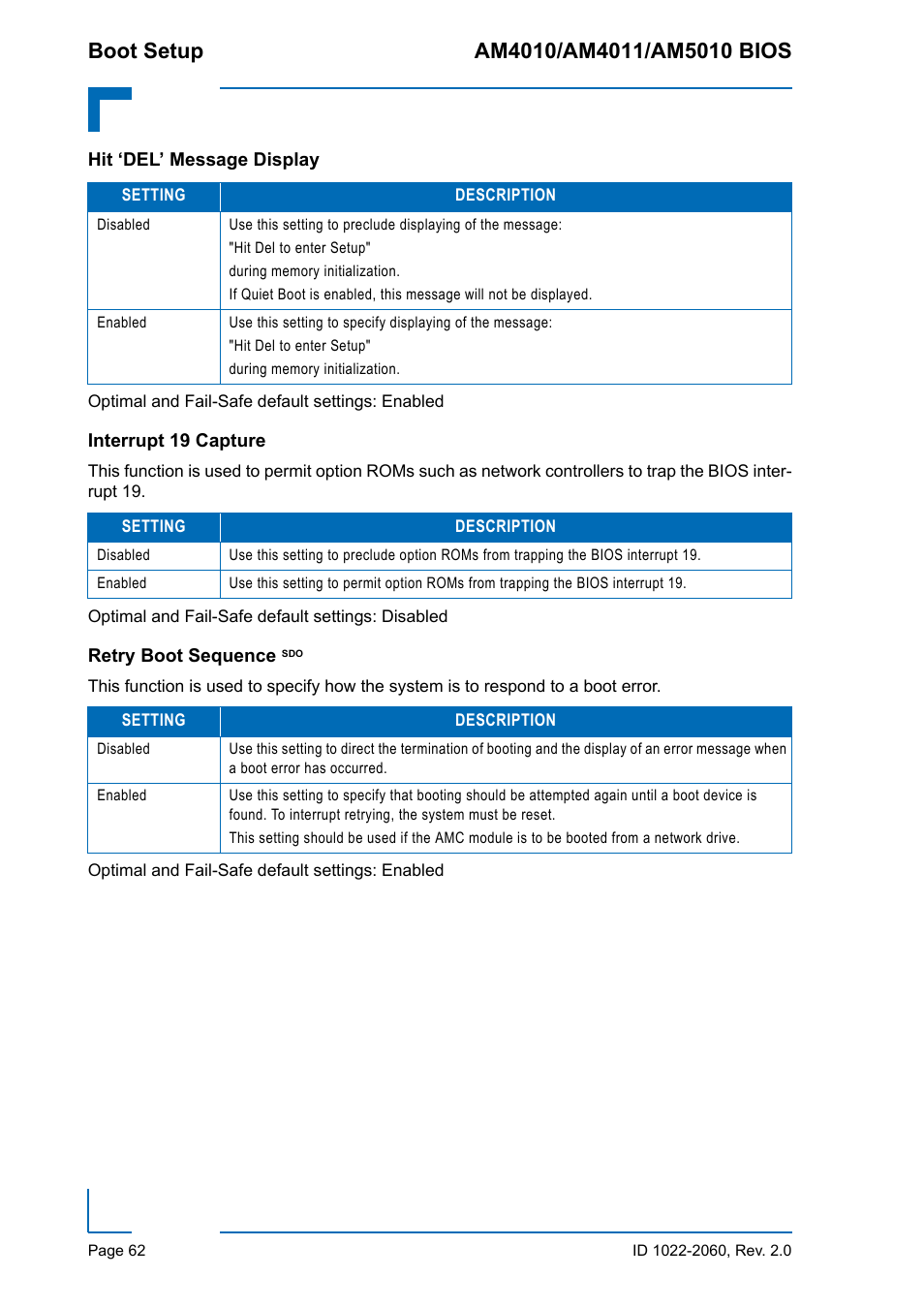 Hit ‘del’ message display, Interrupt 19 capture, Retry boot sequence sdo | Kontron AM5010 BIOS User Manual | Page 72 / 120