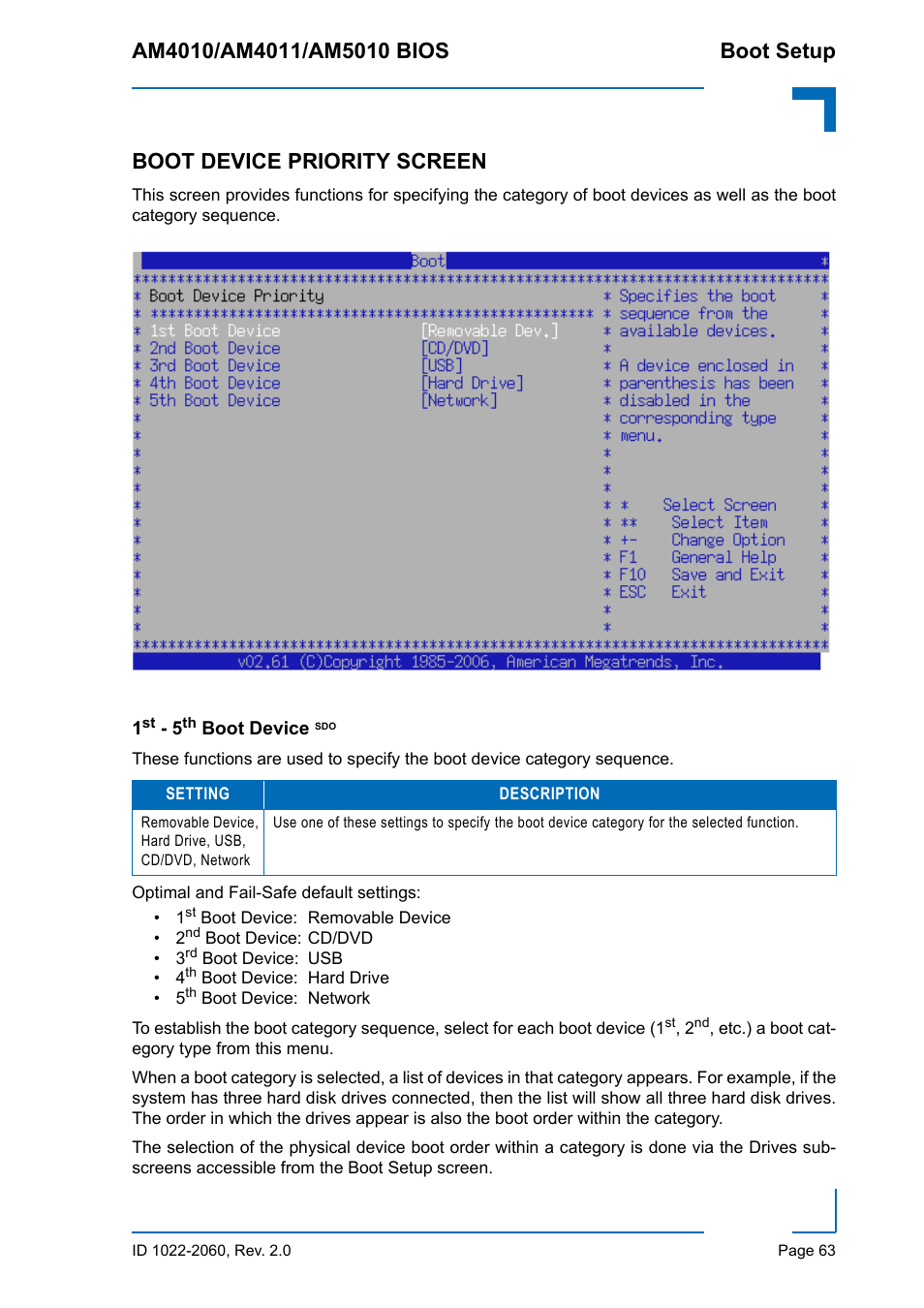 Boot device priority screen, 1st - 5th boot device sdo | Kontron AM5010 BIOS User Manual | Page 73 / 120