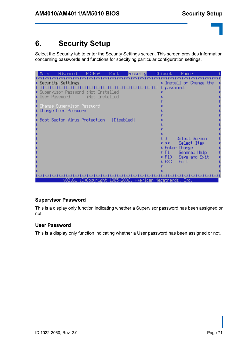 Security setup, Supervisor password, User password | Supervisor password user password | Kontron AM5010 BIOS User Manual | Page 81 / 120