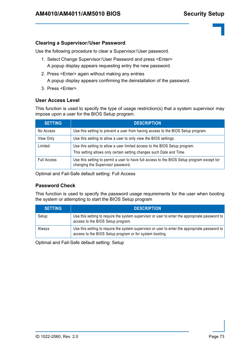 Clearing a supervisor / user password, User access level, Password check | Kontron AM5010 BIOS User Manual | Page 83 / 120