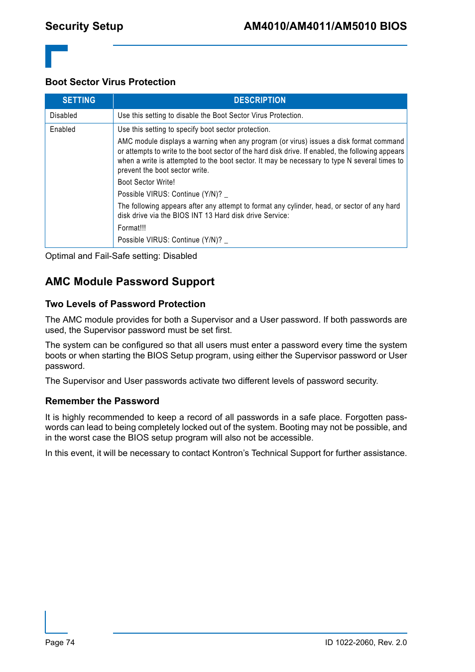 Boot sector virus protection, Amc module password support, Two levels of password protection | Remember the password | Kontron AM5010 BIOS User Manual | Page 84 / 120