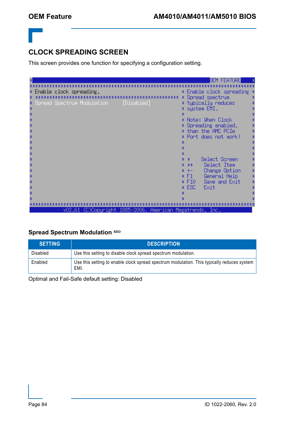 Clock spreading screen, Spread spectrum modulation sdo | Kontron AM5010 BIOS User Manual | Page 94 / 120