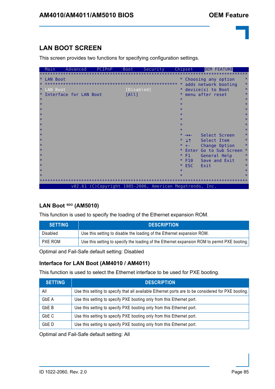 Lan boot screen, Lan boot sdo (am5010), Interface for lan boot (am4010 / am4011) | Kontron AM5010 BIOS User Manual | Page 95 / 120