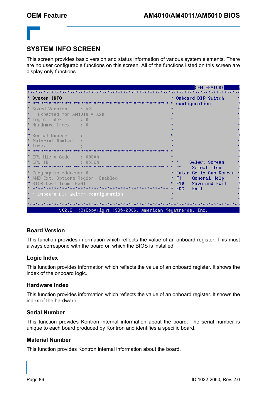 System info screen, Board version, Logic index | Hardware index, Serial number, Material number | Kontron AM5010 BIOS User Manual | Page 96 / 120