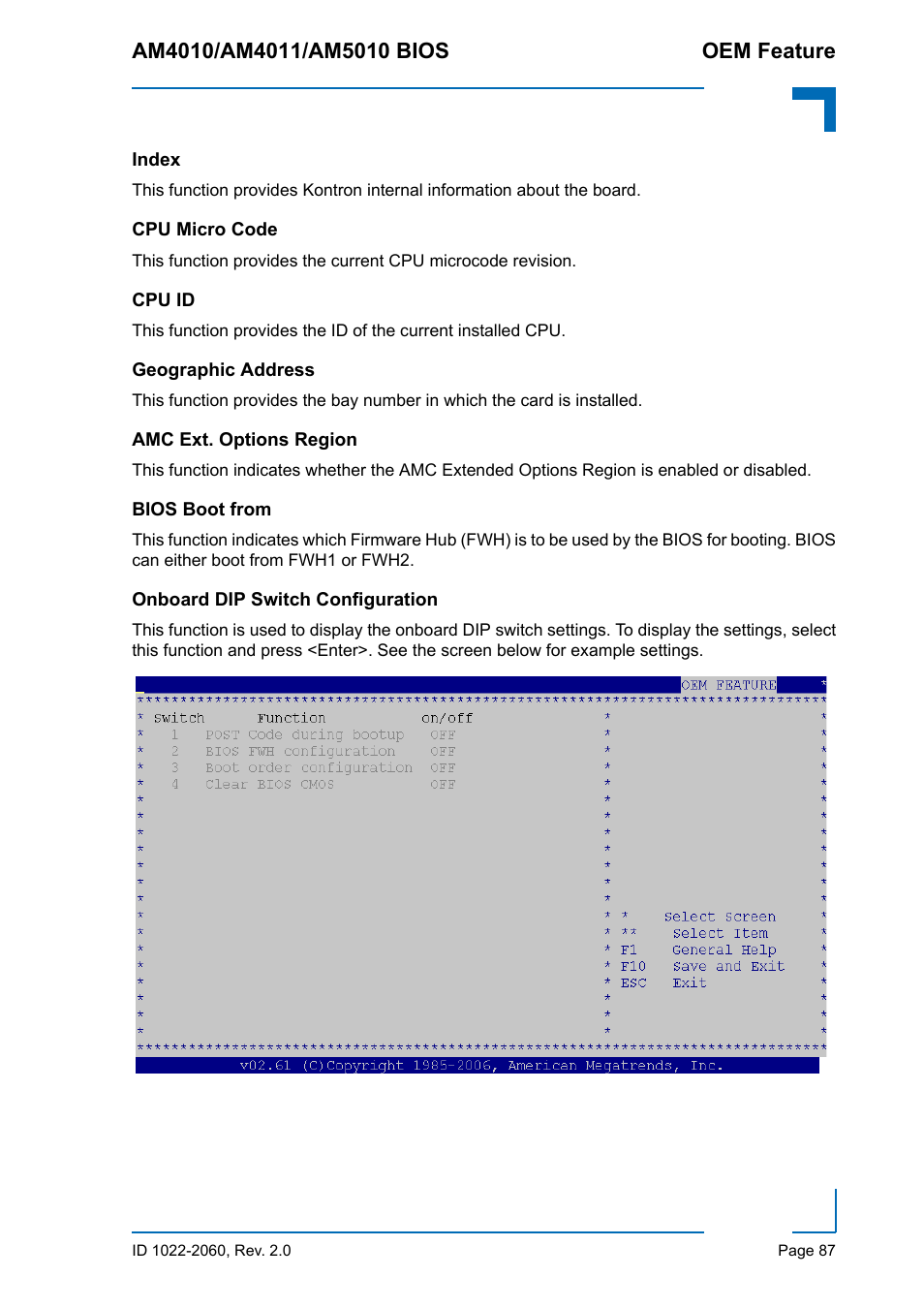Index, Cpu micro code, Cpu id | Geographic address, Amc ext. options region, Bios boot from, Onboard dip switch configuration | Kontron AM5010 BIOS User Manual | Page 97 / 120