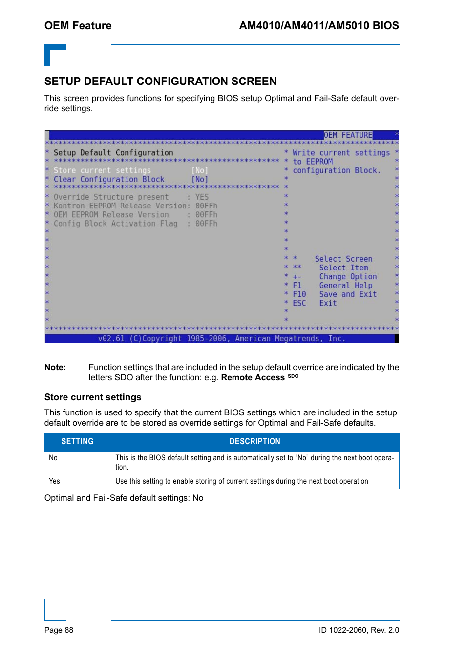 Setup default configuration screen, Store current settings | Kontron AM5010 BIOS User Manual | Page 98 / 120
