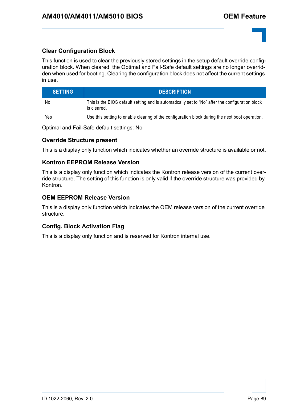 Clear configuration block, Override structure present, Kontron eeprom release version | Oem eeprom release version, Config. block activation flag | Kontron AM5010 BIOS User Manual | Page 99 / 120