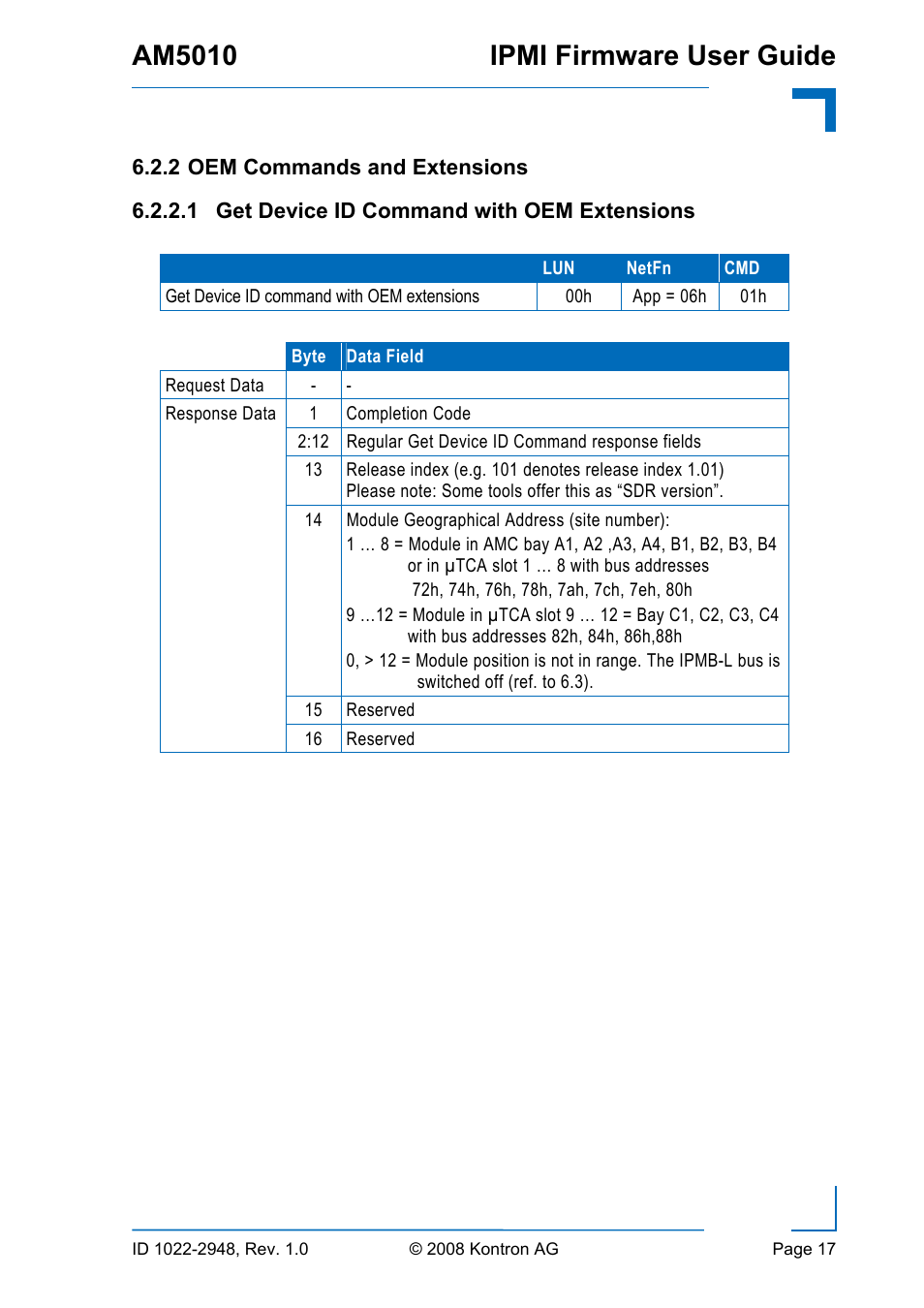 Oem commands and extensions, 1 get device id command with oem extensions, Order configuration (refer to 6.2.2) | Am5010 ipmi firmware user guide | Kontron AM5010 IPMI User Manual | Page 17 / 36