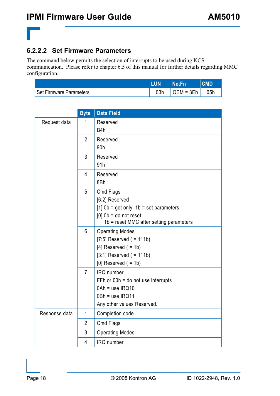 2 set firmware parameters, Ipmi firmware user guide am5010 | Kontron AM5010 IPMI User Manual | Page 18 / 36