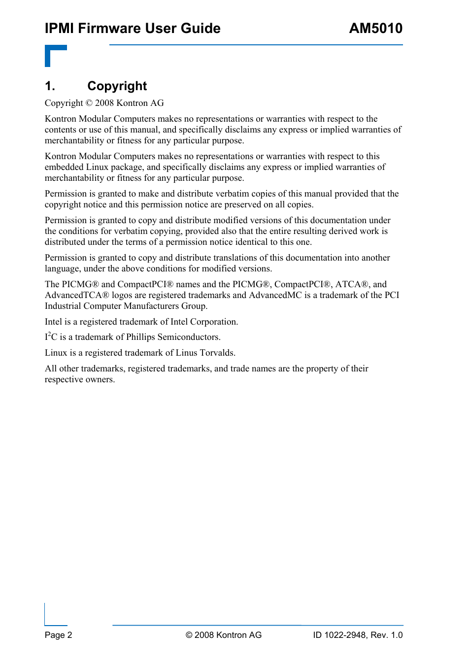 Ipmi firmware user guide am5010, Copyright | Kontron AM5010 IPMI User Manual | Page 2 / 36