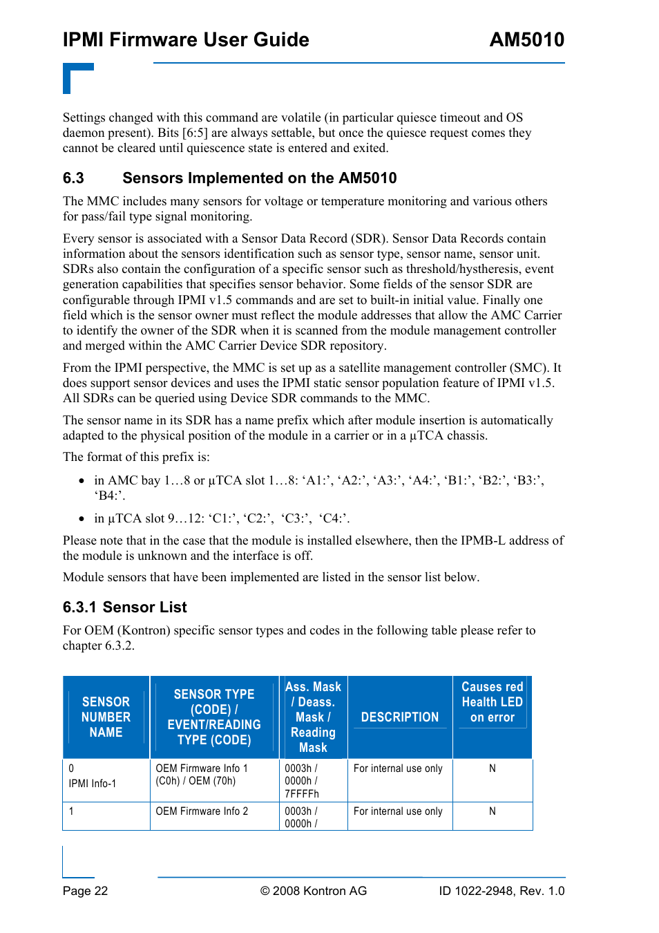 Sensors implemented on the am5010, 1 sensor, List | Ipmi firmware user guide am5010 | Kontron AM5010 IPMI User Manual | Page 22 / 36