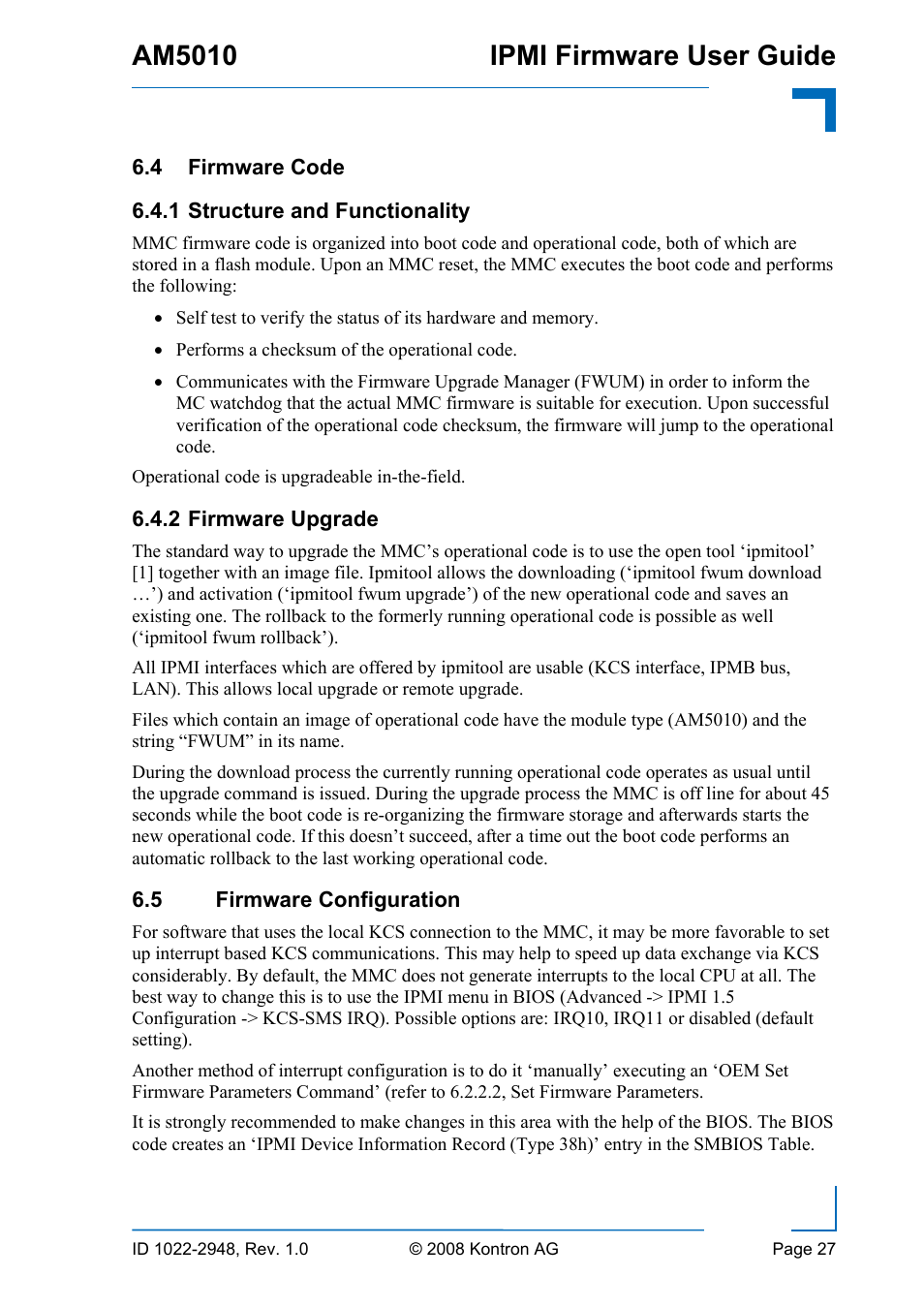 4 firmware, Code, Structure and functionality | 2 firmware, Upgrade, 5 firmware, Configuration, Refer to 6.4.2), Am5010 ipmi firmware user guide | Kontron AM5010 IPMI User Manual | Page 27 / 36