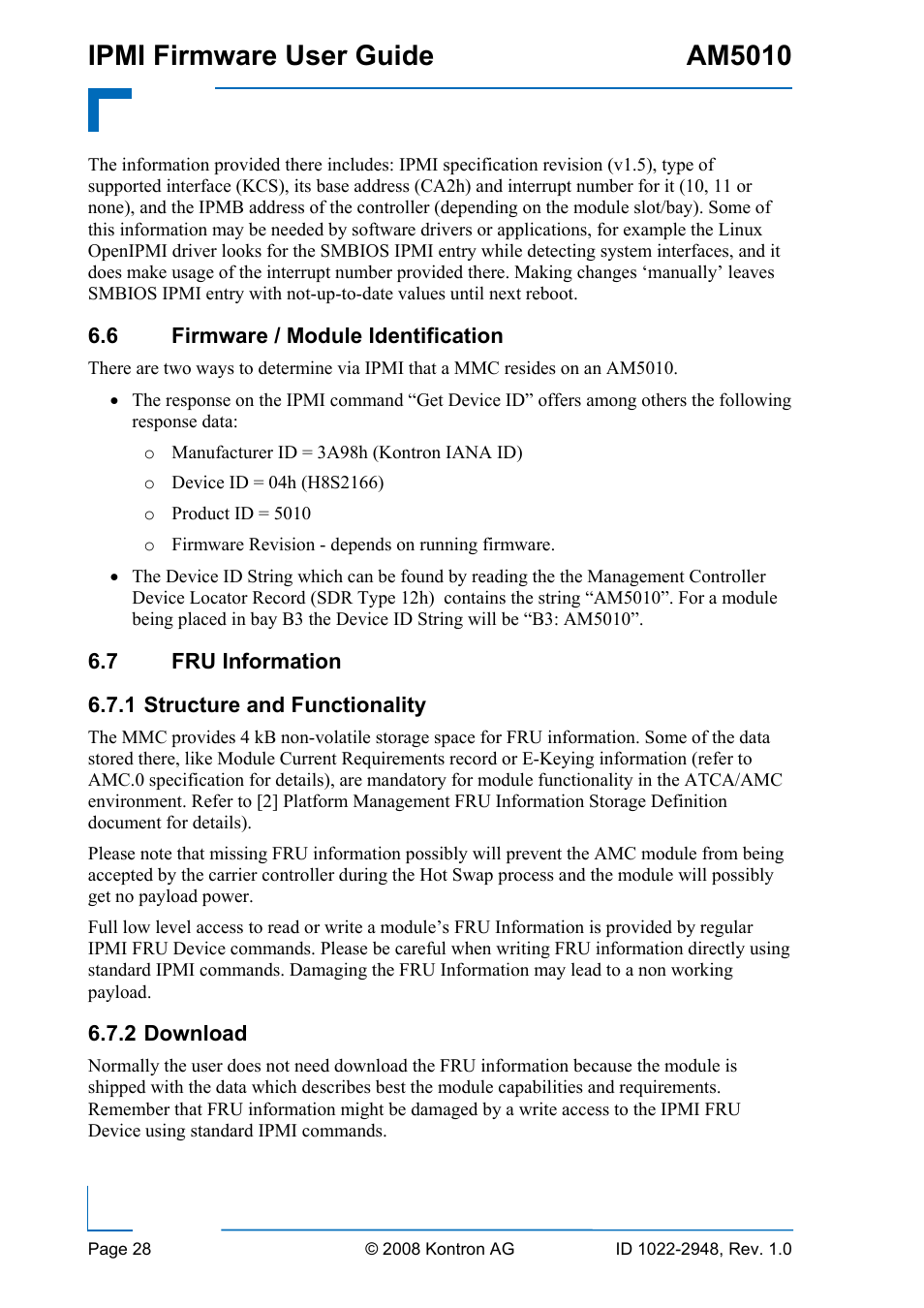 Firmware / module identification, 7 fru, Information | Structure and functionality, 2 download, Ipmi firmware user guide am5010 | Kontron AM5010 IPMI User Manual | Page 28 / 36