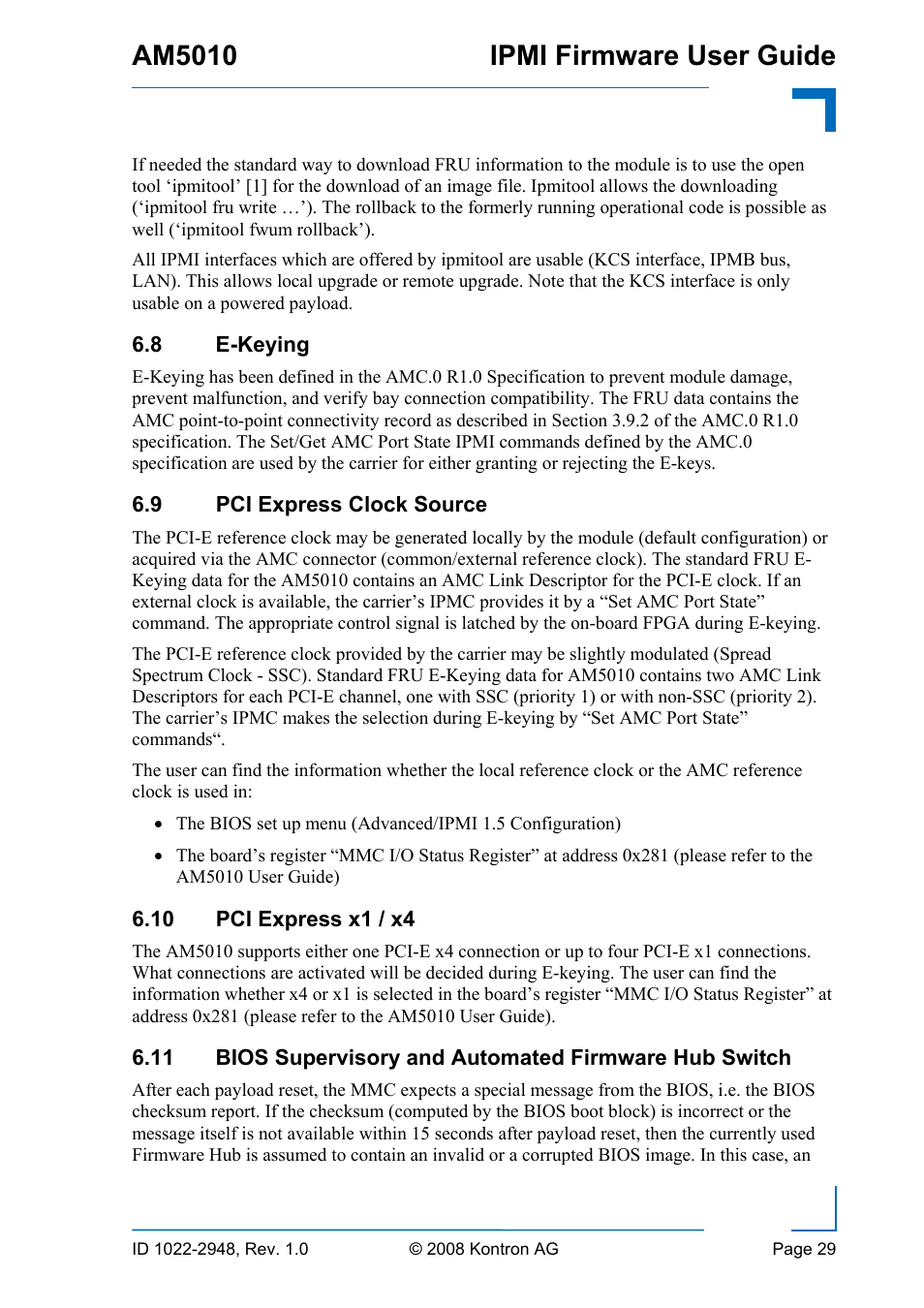 8 e-keying, Pci express clock source, Refer to 6.11) | R to 6.9), Refer to 6.10), Am5010 ipmi firmware user guide | Kontron AM5010 IPMI User Manual | Page 29 / 36