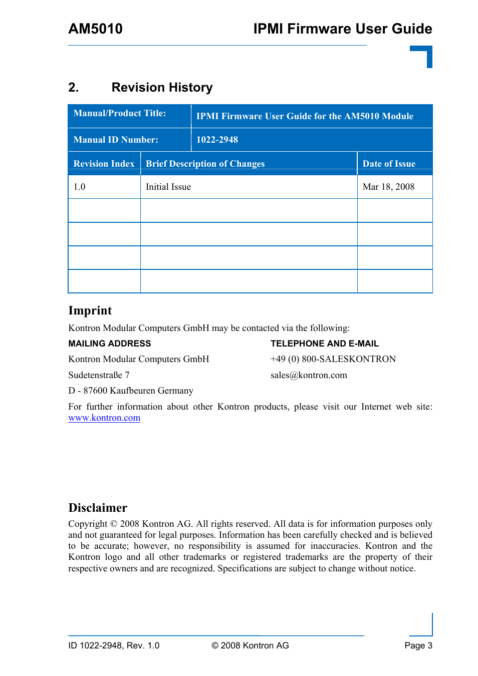 Am5010 ipmi firmware user guide, Revision history, Imprint | Disclaimer | Kontron AM5010 IPMI User Manual | Page 3 / 36