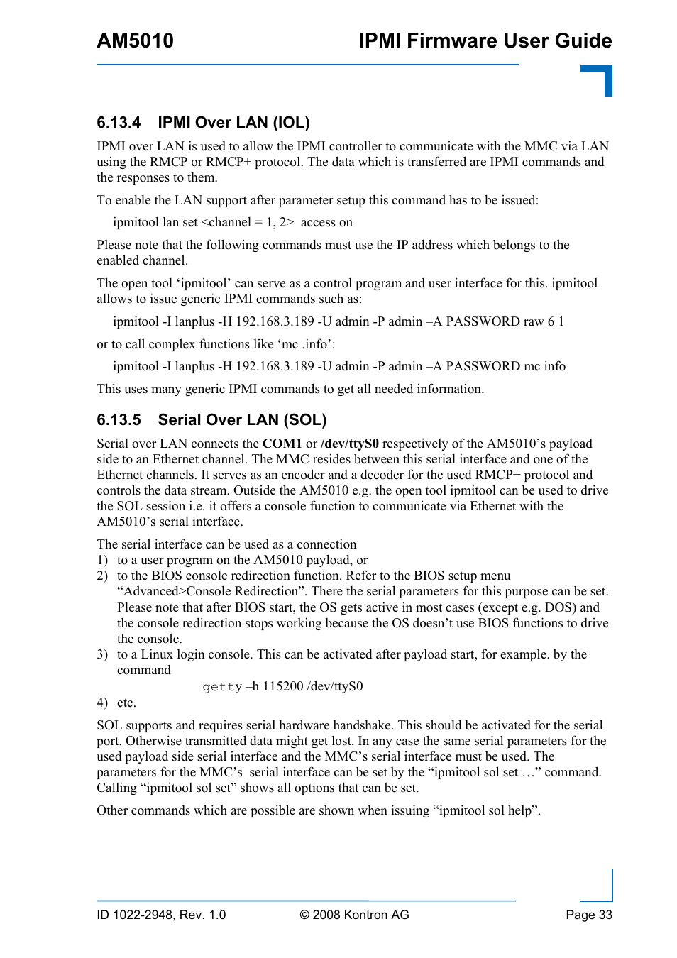 Ipmi over lan (iol), Serial over lan (sol), Over lan (sol, refer to 6.13.5) support | 4) support, Am5010 ipmi firmware user guide | Kontron AM5010 IPMI User Manual | Page 33 / 36