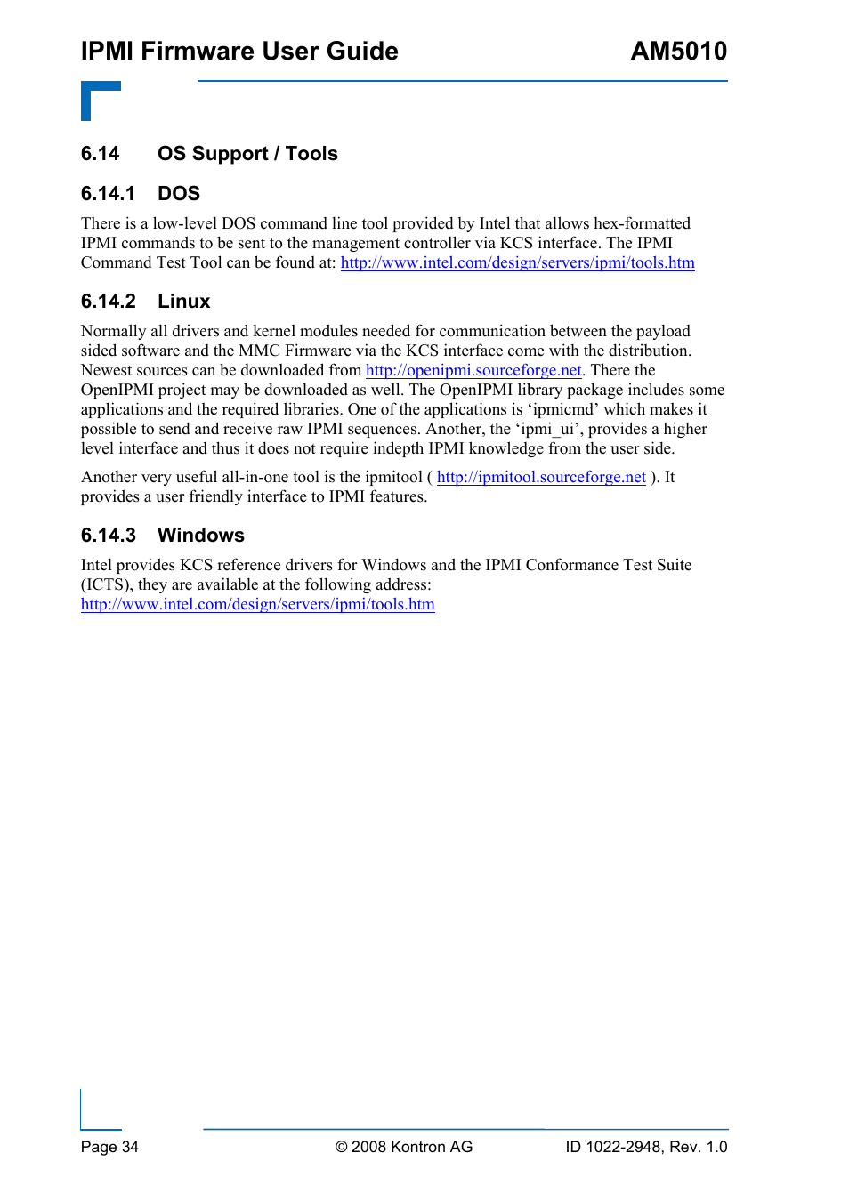 14 os support / tools, 1 dos 6.14.2 linux 6.14.3 windows, Ipmi firmware user guide am5010 | Kontron AM5010 IPMI User Manual | Page 34 / 36